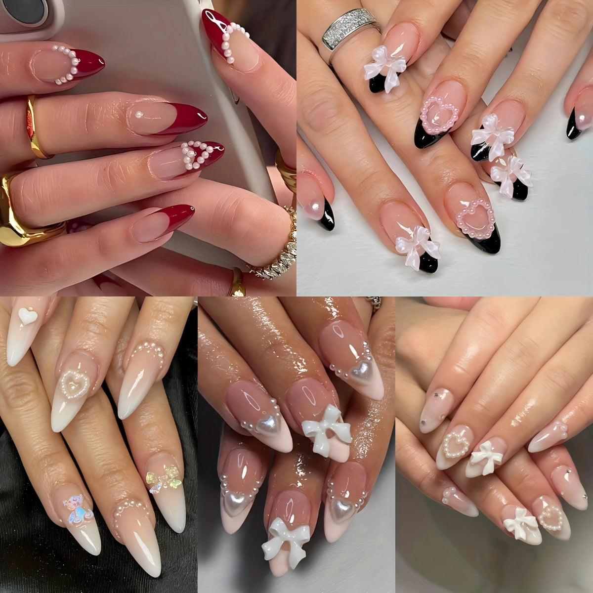 YelloTee 120pcs almond press-on nails with 3D heart, pearl, bow & bear designs in black, white & French gradient.