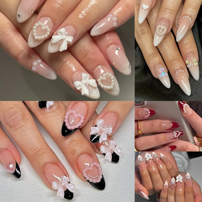 YelloTee 120pcs almond press-on nails with 3D heart, pearl, bow & bear designs in black, white & French gradient.