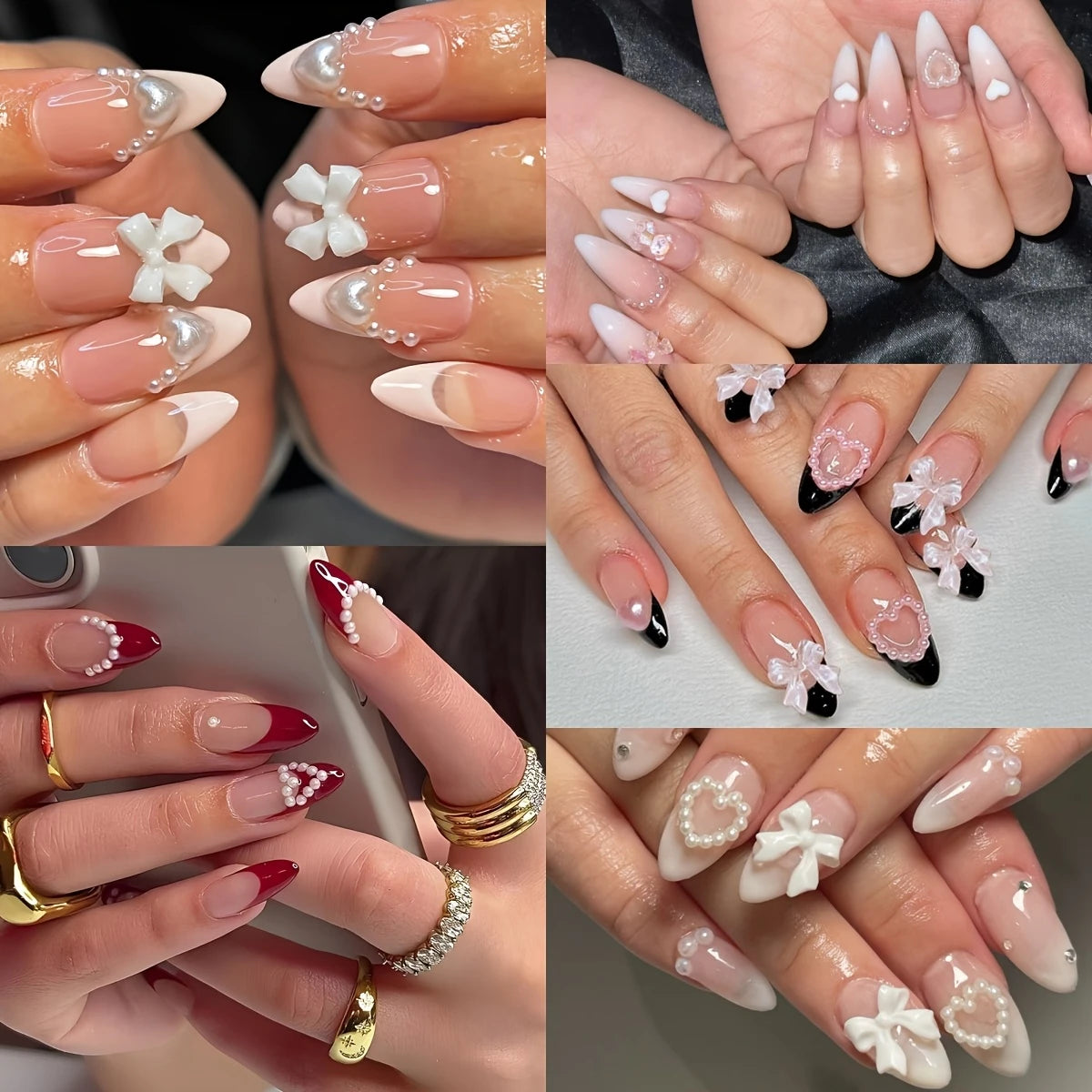 YelloTee 120pcs almond press-on nails with 3D heart, pearl, bow & bear designs in black, white & French gradient.