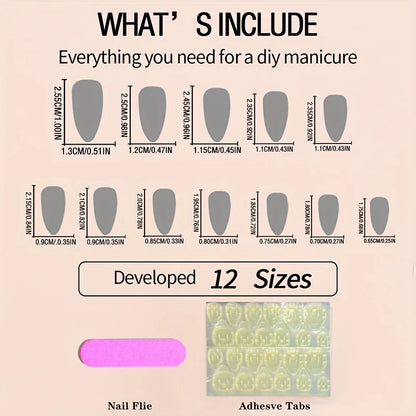 YelloTee 120pcs almond press-on nails with 3D heart, pearl, bow & bear designs in black, white & French gradient.