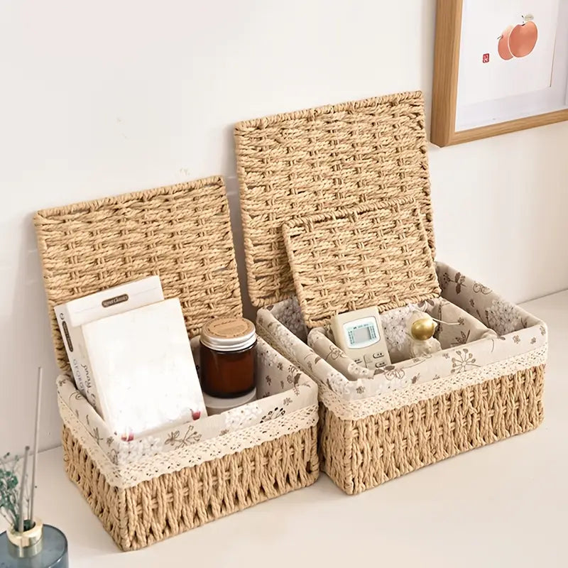 3-piece rope woven storage baskets in small, medium, and large sizes for home and office use