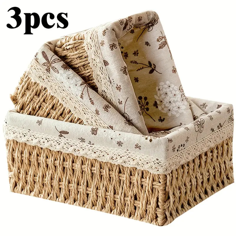 3-piece rope woven storage baskets in small, medium, and large sizes for home and office use