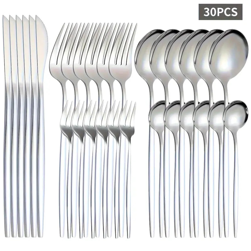 0-piece mirror-polished stainless steel cutlery set with knife, fork, and spoon