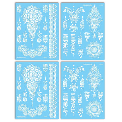 Waterproof white henna stickers by YelloTee for temporary mehndi tattoos, perfect for weddings, Eid, and festive occasions.