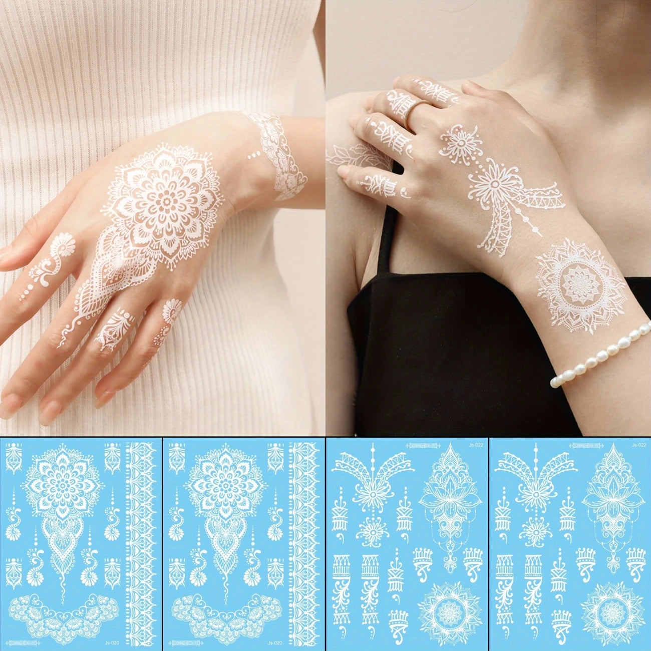 Waterproof white henna stickers by YelloTee for temporary mehndi tattoos, perfect for weddings, Eid, and festive occasions.
