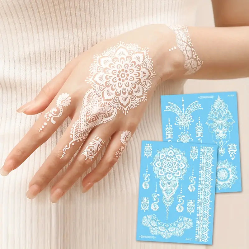 Waterproof white henna stickers by YelloTee for temporary mehndi tattoos, perfect for weddings, Eid, and festive occasions.