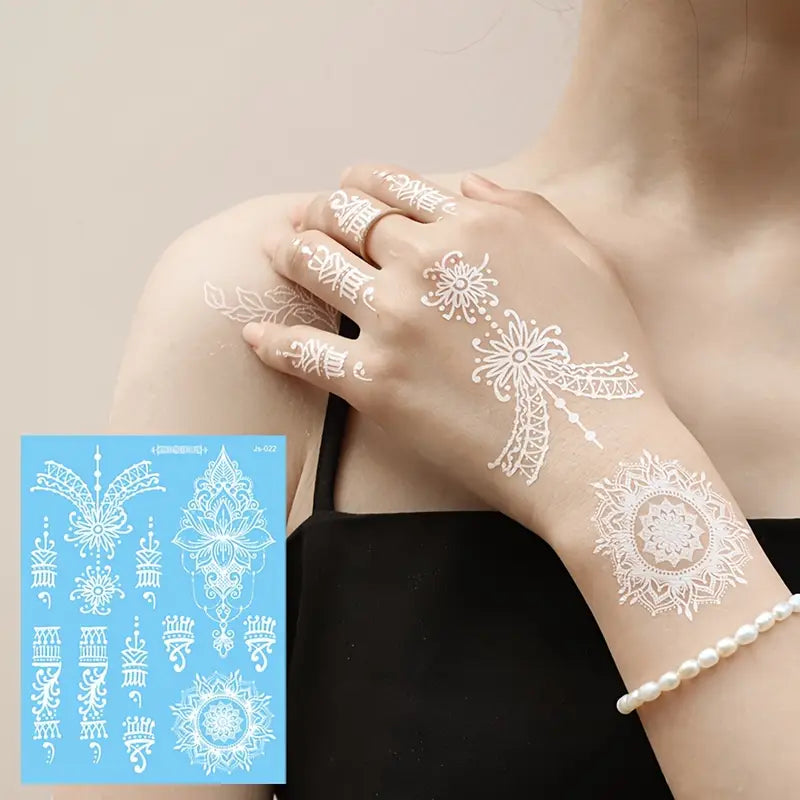 Waterproof white henna stickers by YelloTee for temporary mehndi tattoos, perfect for weddings, Eid, and festive occasions.