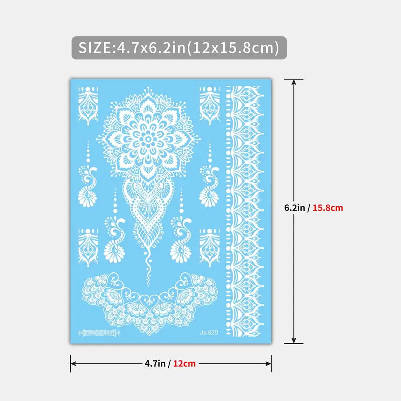 Waterproof white henna stickers by YelloTee for temporary mehndi tattoos, perfect for weddings, Eid, and festive occasions.