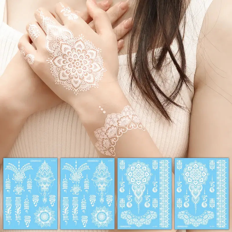 Waterproof white henna stickers by YelloTee for temporary mehndi tattoos, perfect for weddings, Eid, and festive occasions.