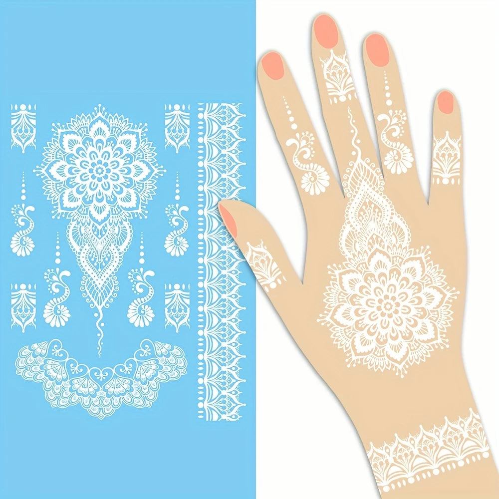 Waterproof white henna stickers by YelloTee for temporary mehndi tattoos, perfect for weddings, Eid, and festive occasions.