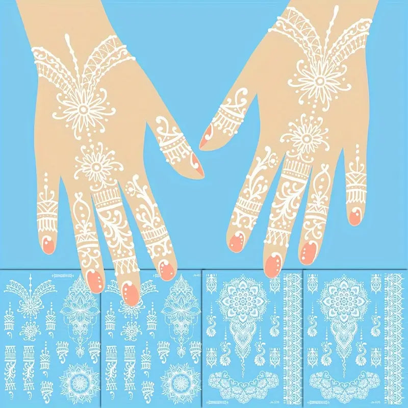 Waterproof white henna stickers by YelloTee for temporary mehndi tattoos, perfect for weddings, Eid, and festive occasions.