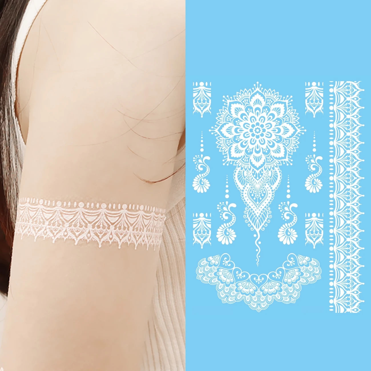 Waterproof white henna stickers by YelloTee for temporary mehndi tattoos, perfect for weddings, Eid, and festive occasions.
