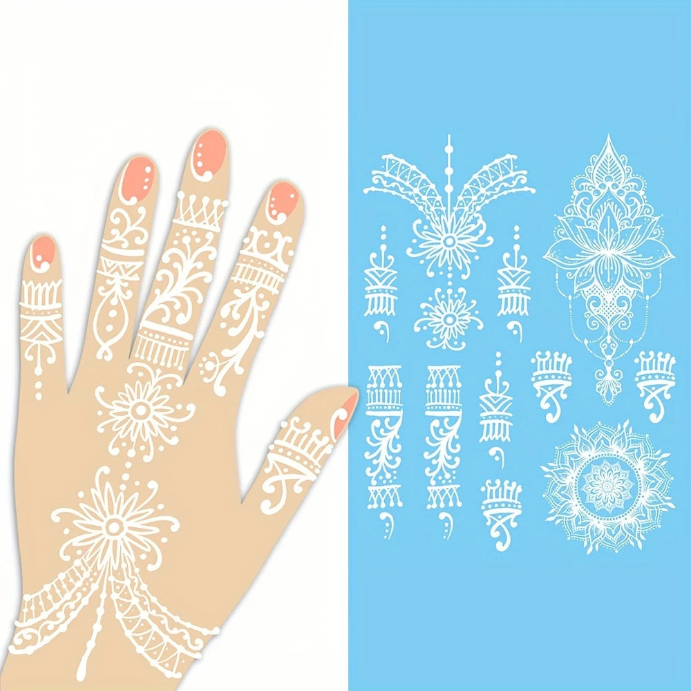 Waterproof white henna stickers by YelloTee for temporary mehndi tattoos, perfect for weddings, Eid, and festive occasions.