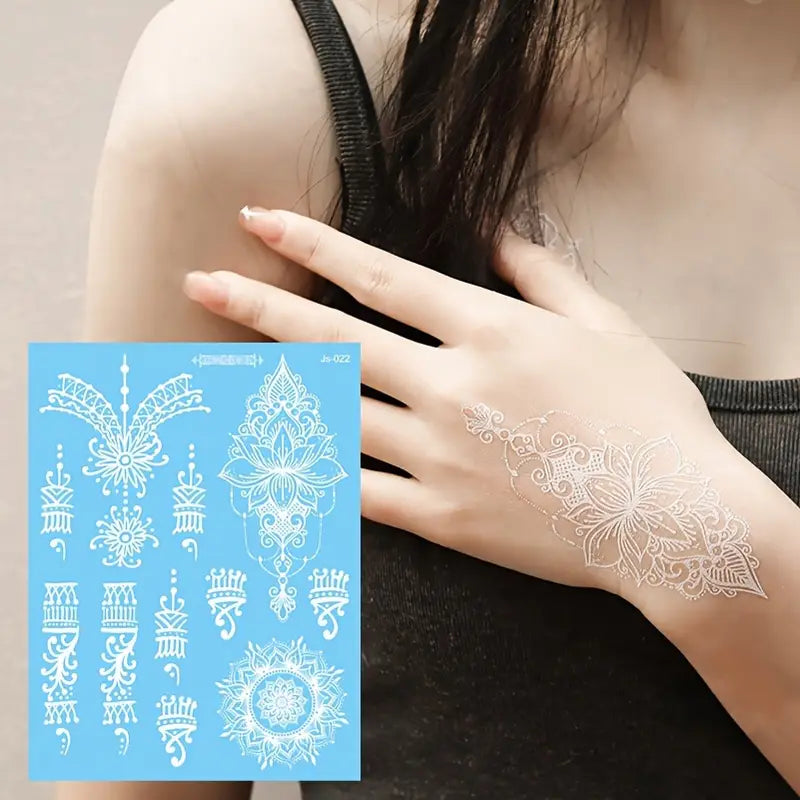 Waterproof white henna stickers by YelloTee for temporary mehndi tattoos, perfect for weddings, Eid, and festive occasions.