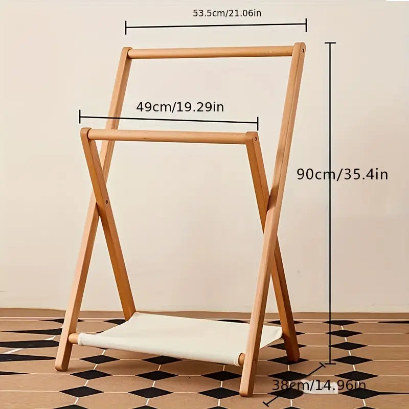Foldable solid wooden clothes rack with large storage capacity for bedroom wardrobe organization