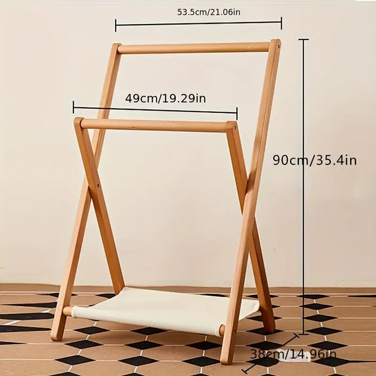 Foldable solid wooden clothes rack with large storage capacity for bedroom wardrobe organization