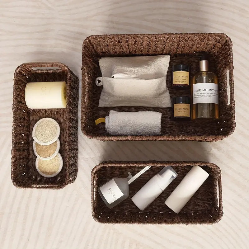 3-piece woven basket set with imitation vine design for desktop and shelf organization