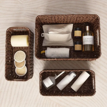 3-piece woven basket set with imitation vine design for desktop and shelf organization