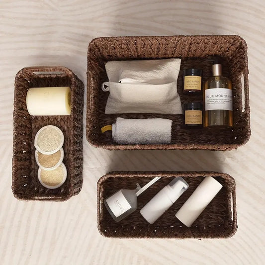 3-piece woven basket set with imitation vine design for desktop and shelf organization