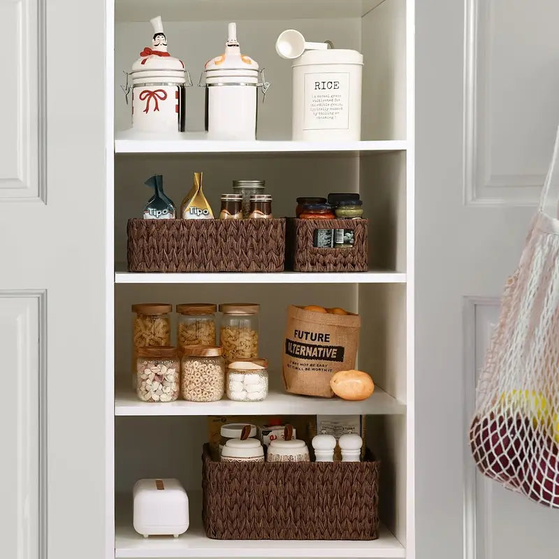 3-piece woven basket set with imitation vine design for desktop and shelf organization