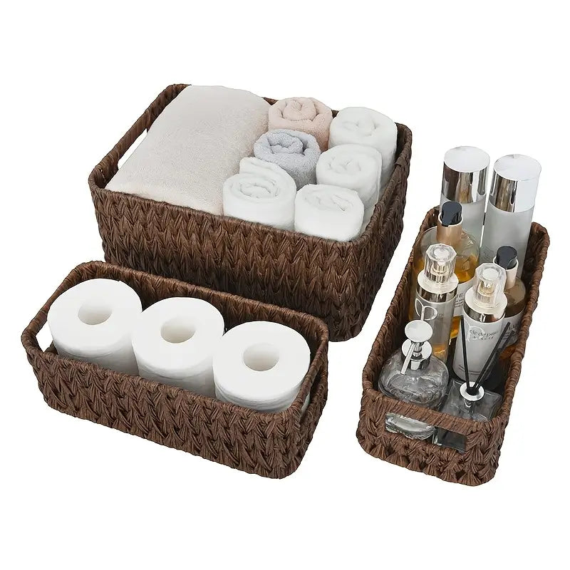 3-piece woven basket set with imitation vine design for desktop and shelf organization