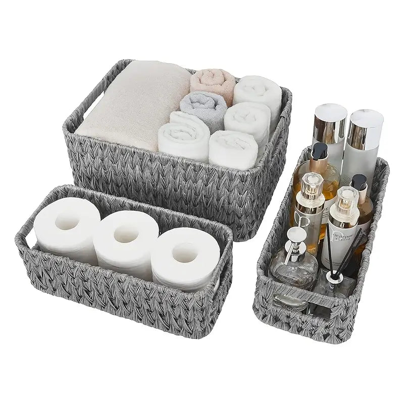 3-piece woven basket set with imitation vine design for desktop and shelf organization