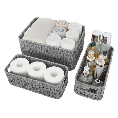 3-piece woven basket set with imitation vine design for desktop and shelf organization