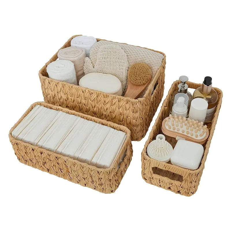 3-piece woven basket set with imitation vine design for desktop and shelf organization